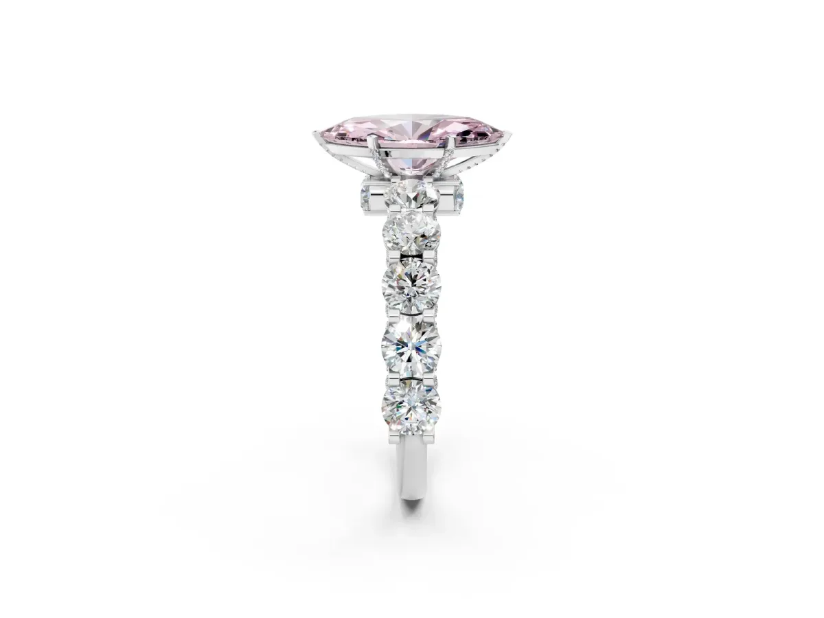Fancy Pink Marquise Cut Diamond Side Stone Engagement Ring with Four-Prong Setting Silver