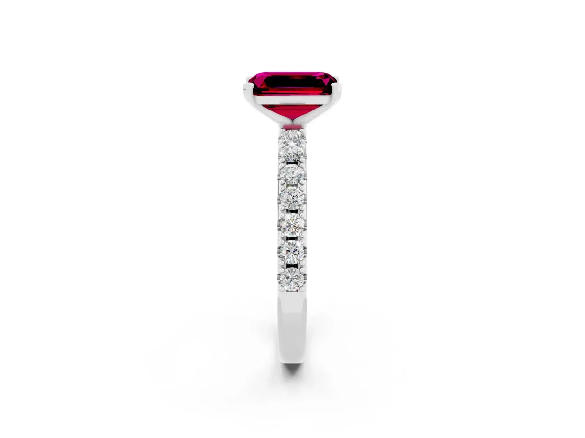 Emerald Cut Garnet Solitaire Pavé Band with Four-Prong Setting Silver