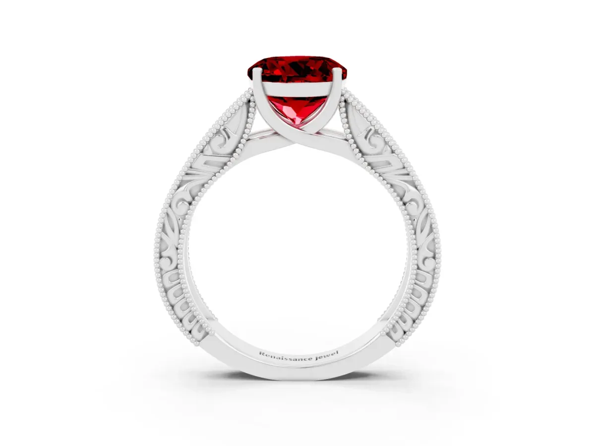 Round Cut Ruby Solitaire Ring with Engraved Band and Four-Prong Setting White gold