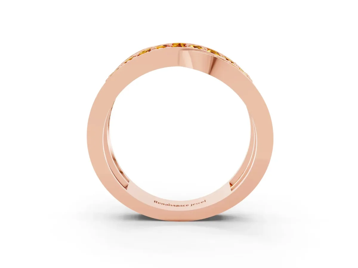 Pavé Round Citrine Crossover Band with Bead Prong Setting Rose gold