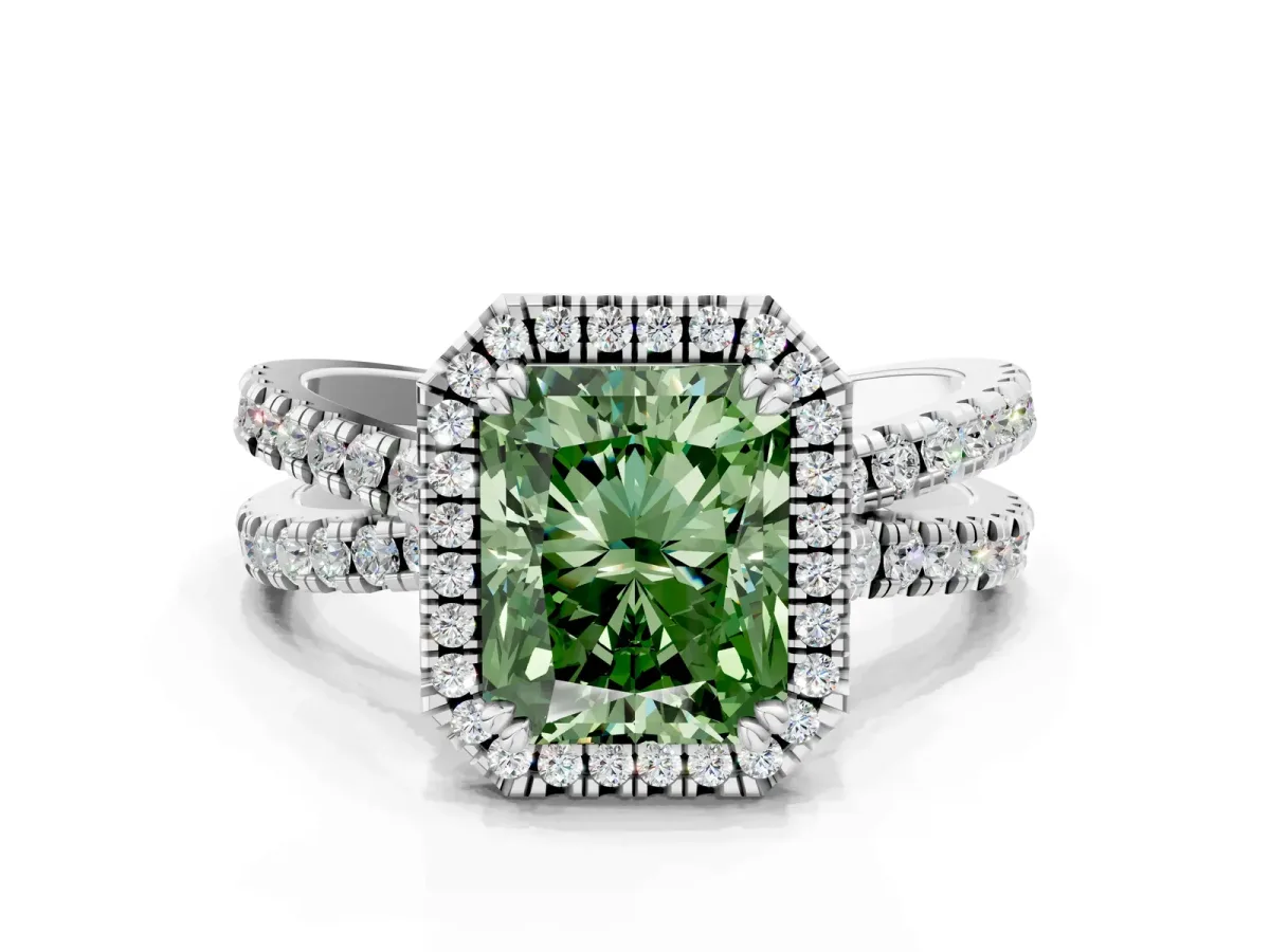 Fancy Green Radiant Cut Halo Split Shank Diamond Ring with Pavé Setting Platinum