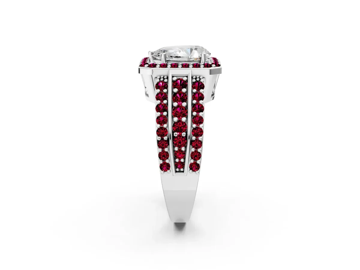 Pear Cut Halo Diamond Ring with Round Garnet Split Shank and Prong Setting Platinum