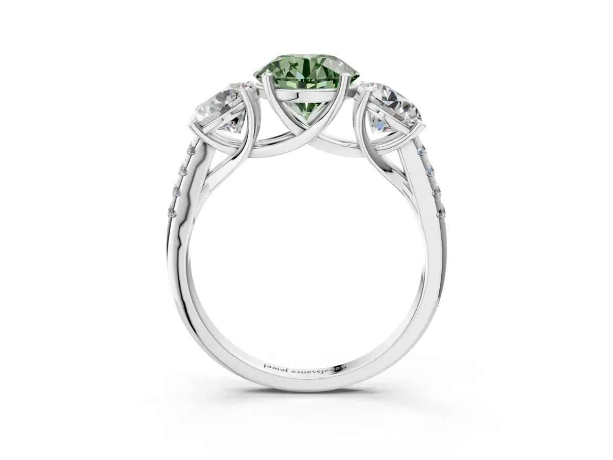 Fancy Green Three-Stone Round Cut Diamond Ring with Round Pavé Band and Prong Setting Silver