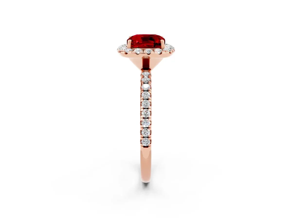 Cushion Cut Ruby Halo Ring with Round Pavé Band and Prong Setting Rose gold