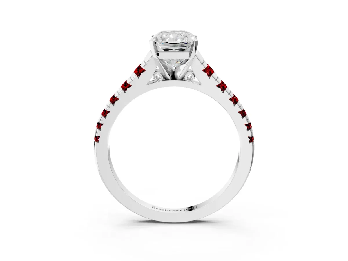 Radiant Cut Diamond Cathedral Solitaire Ring with Round Ruby Pavé Band White gold