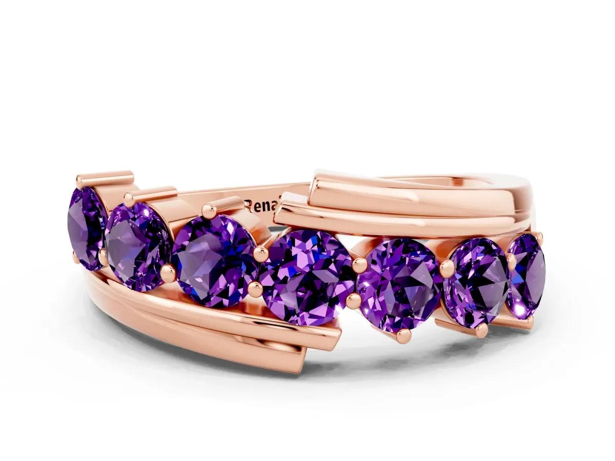 Round Amethyst Wave Band with Channel and Shared Prong Setting Rose gold
