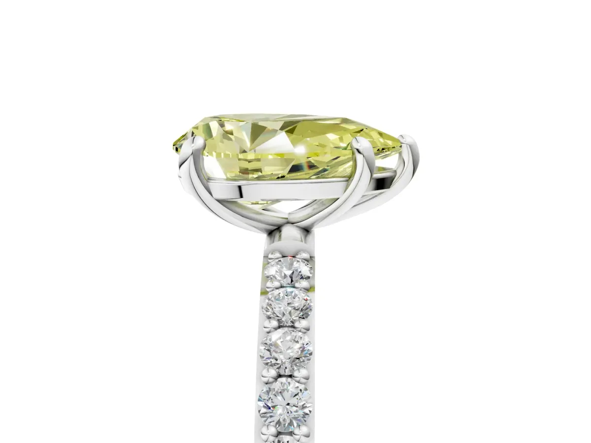 Fancy Yellow Pear Cut Diamond Solitaire Ring with Round Pavé Band and Prong Setting Silver