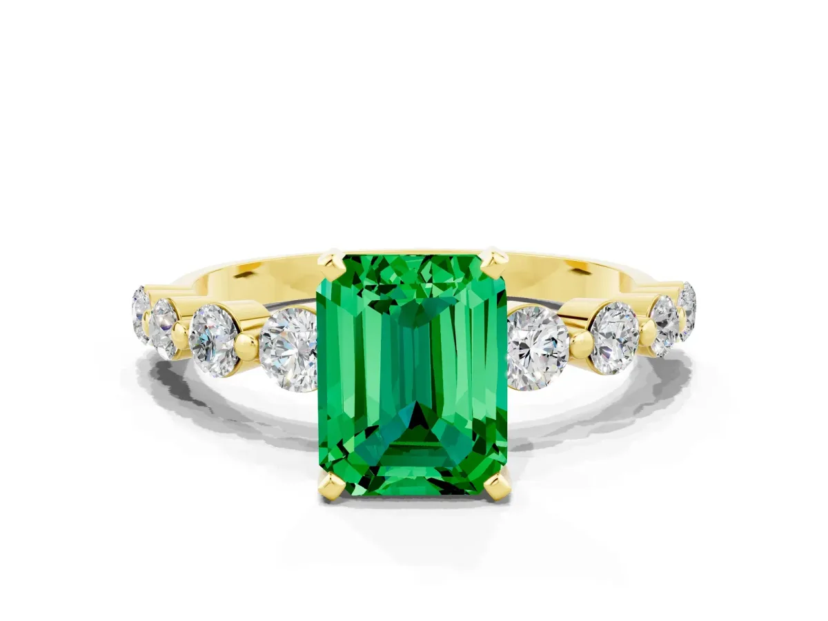 Emerald Cut Solitaire Emerald Ring with Pave Band and Four-Prong Setting Yellow gold