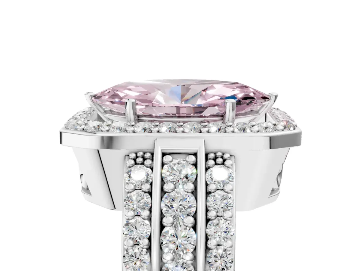 Fancy Pink Marquise Cut Halo Diamond Ring with Round Split Shank and Prong Setting Silver