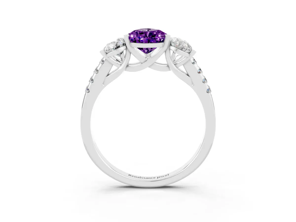 Three-Stone Pear Cut Amethyst Ring with Round Pavé Band and Prong Setting Silver
