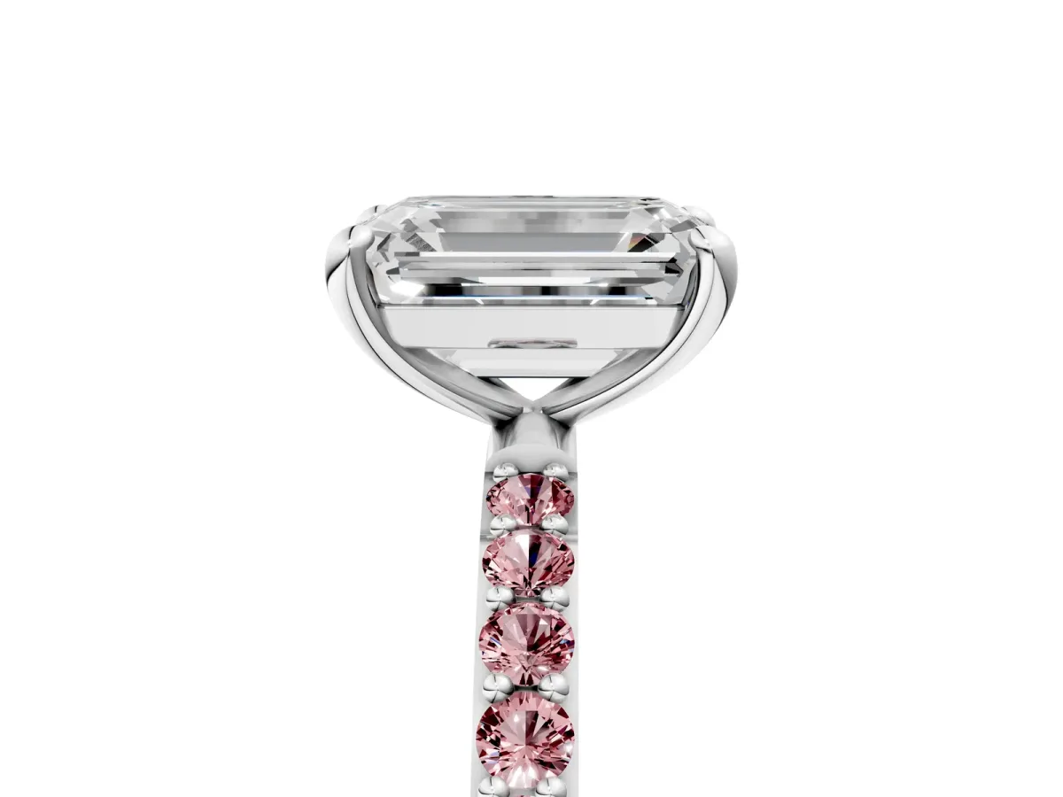 Emerald Cut Diamond Solitaire Ring with Round Morganite Pavé Band and Prong Setting Silver