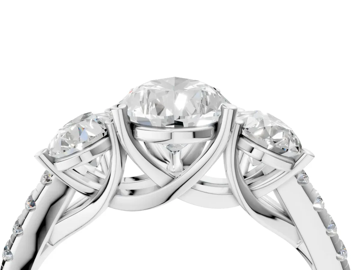 Three-Stone Pear Cut Diamond Ring with Round Moissanite Pavé Band and Prong Setting Silver