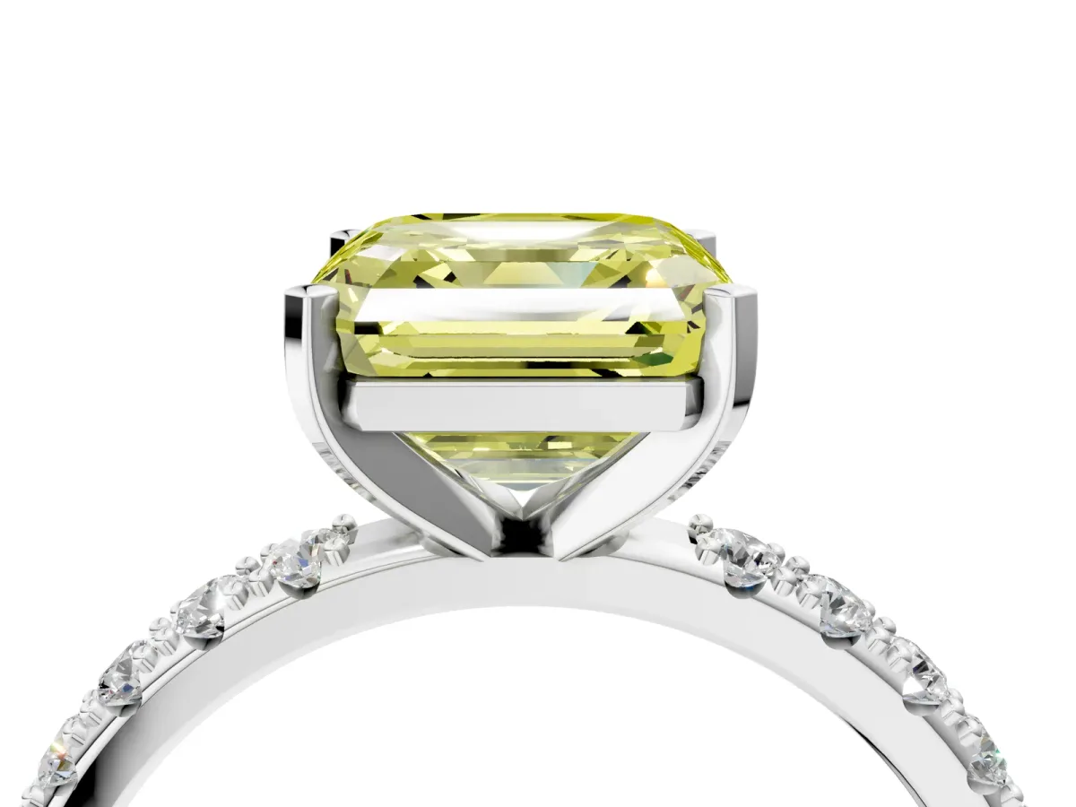 Fancy Yellow Asscher Cut Diamond Solitaire Pavé Band with Four-Prong Setting Silver