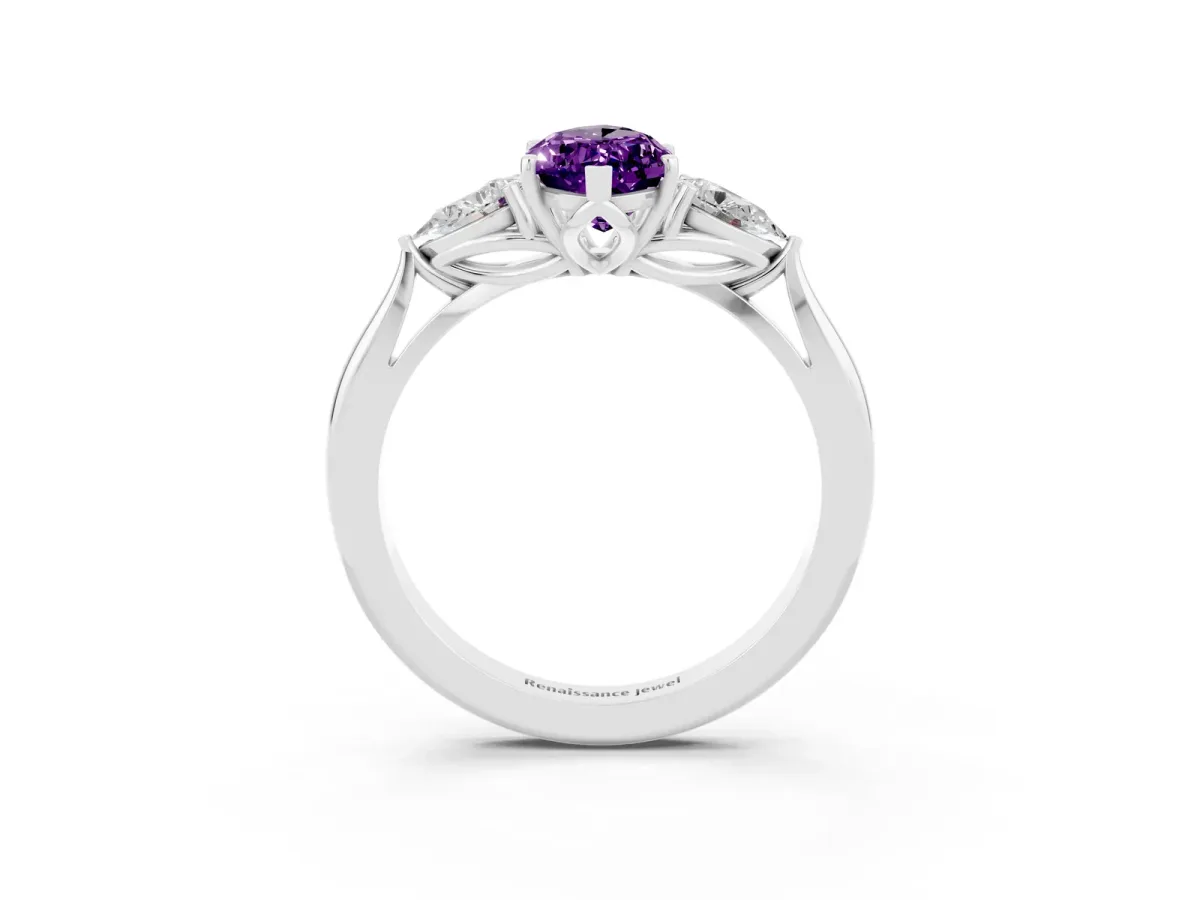 Marquise Cut Amethyst Three-Stone Ring with Pear Side Stones and Prong Setting White gold