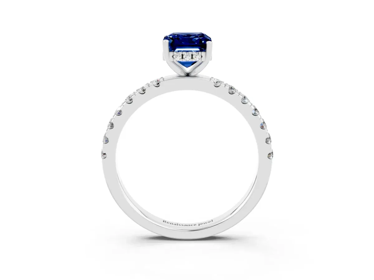 Emerald Cut Blue Sapphire Pave Band Solitaire Ring with Round and Prong Setting Platinum