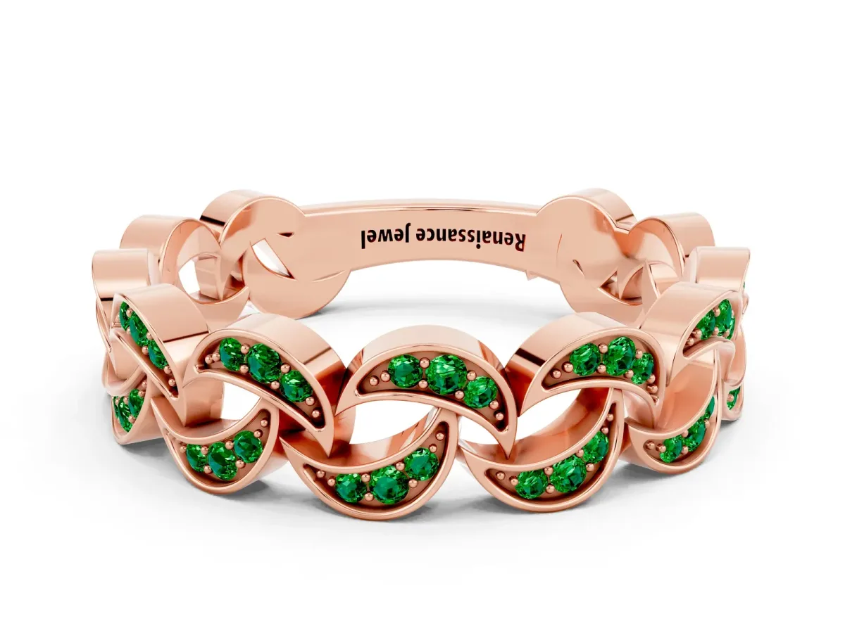 Pavé Round Emerald Interlocking Eternity Band with Bezel Prong Setting Rose gold