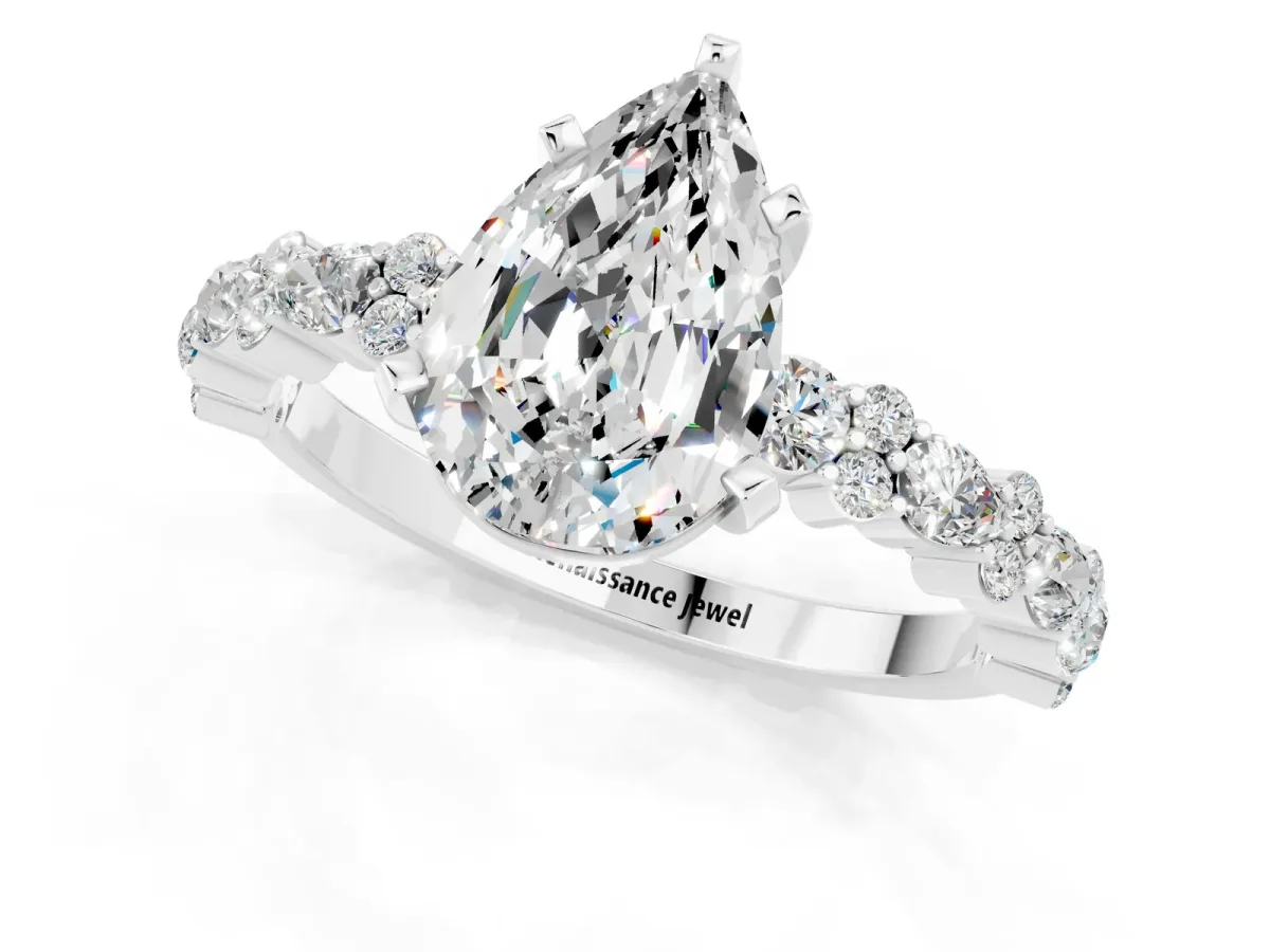 Pear Cut Moissanite Side Stone Solitaire Ring with Round and Four-Prong Setting White gold
