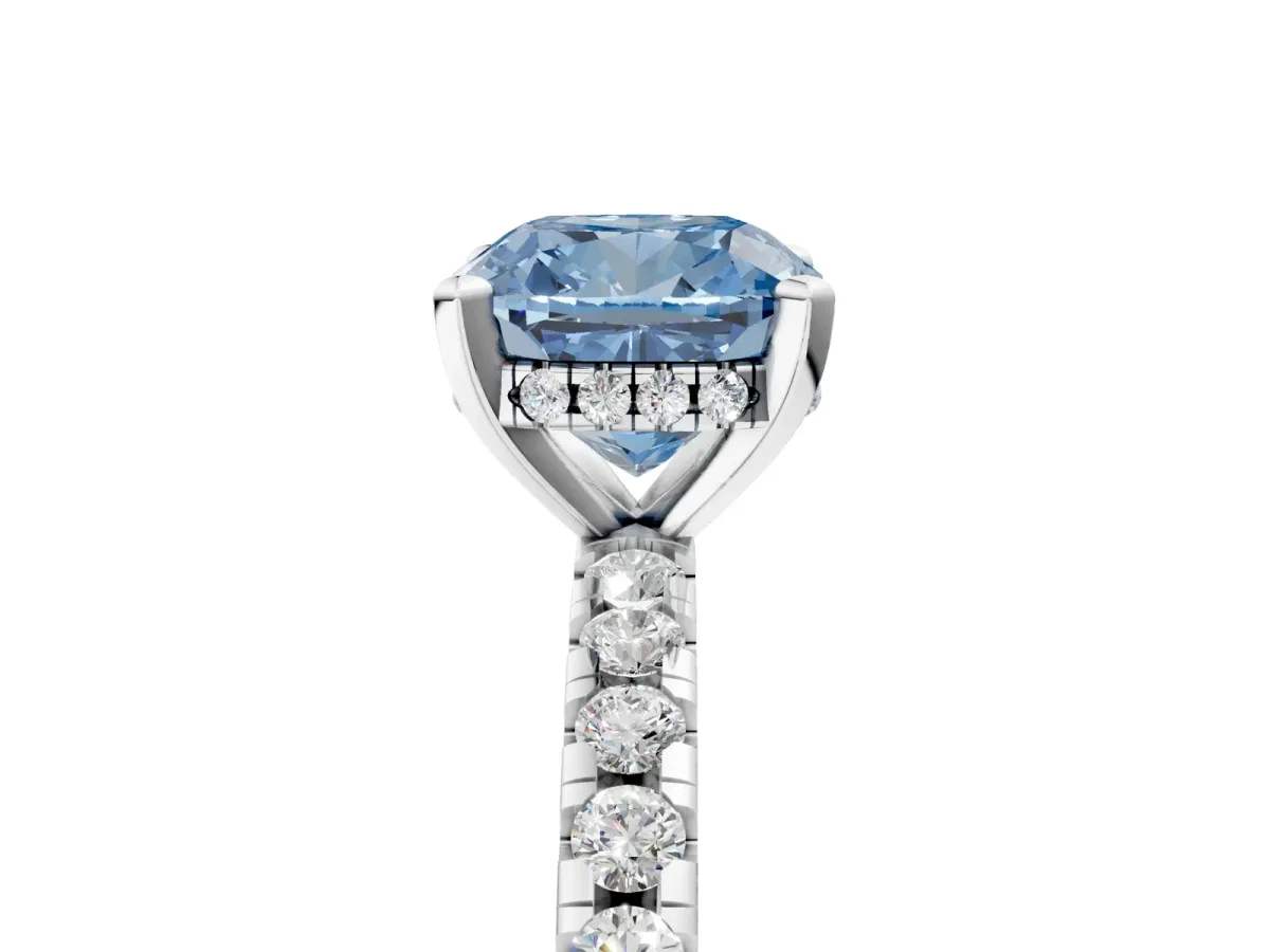 Fancy Blue Cushion Cut Diamond Solitaire Ring with Round Pavé Band and Four-Prong Setting Silver