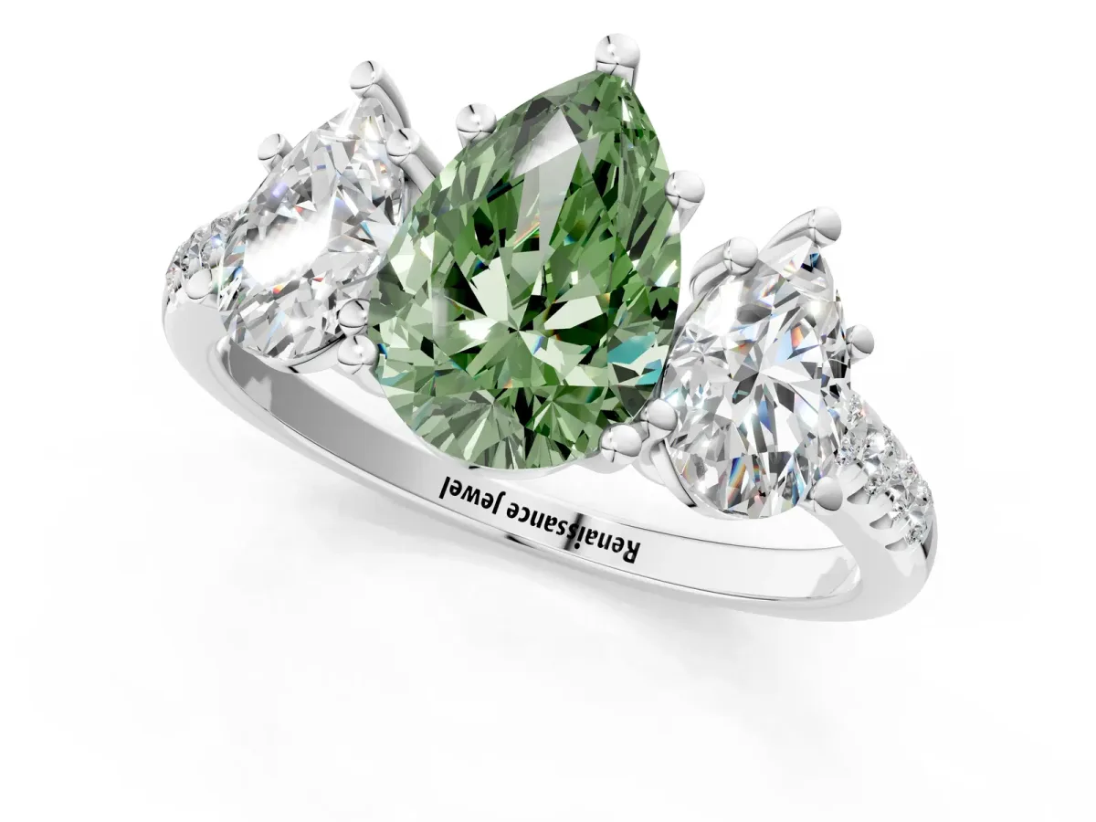Fancy Green Three-Stone Pear Cut Diamond Ring with Round Pavé Band and Prong Setting Silver