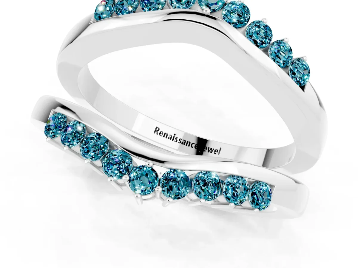 Round Blue Topaz Chevron Contour Band with Prong Setting Silver