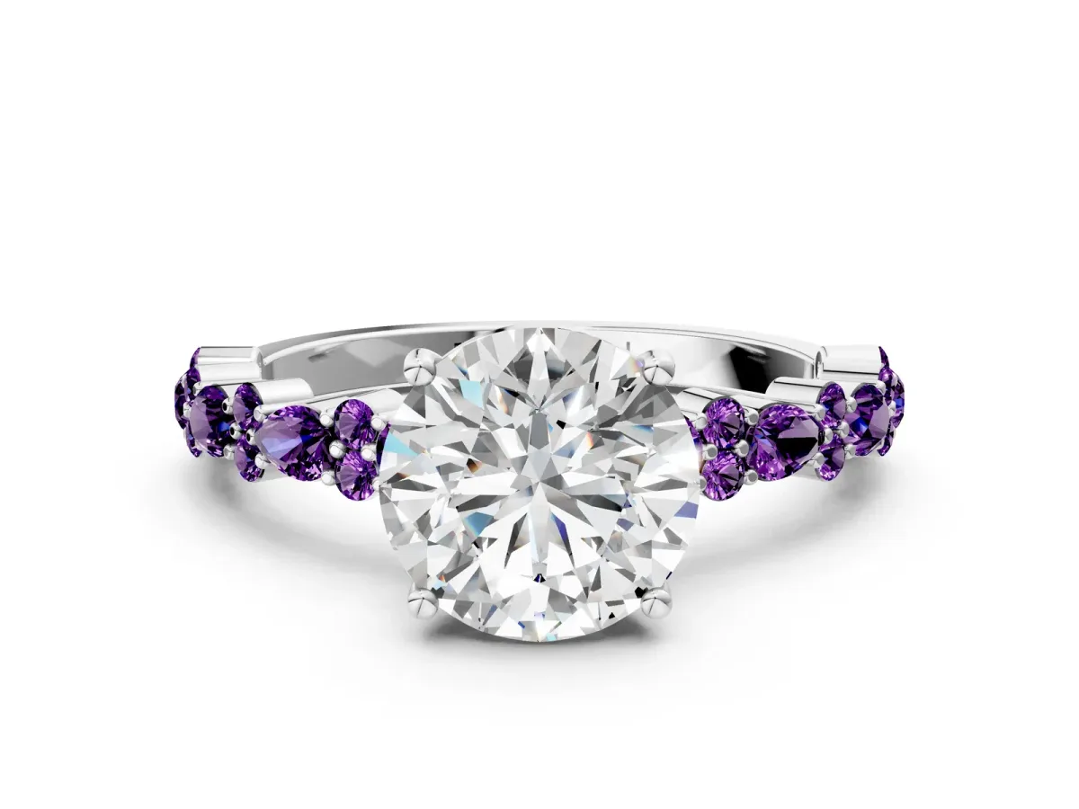 Round Cut Diamond Side Stone Solitaire Ring with Round Amethyst and Four-Prong Setting Platinum