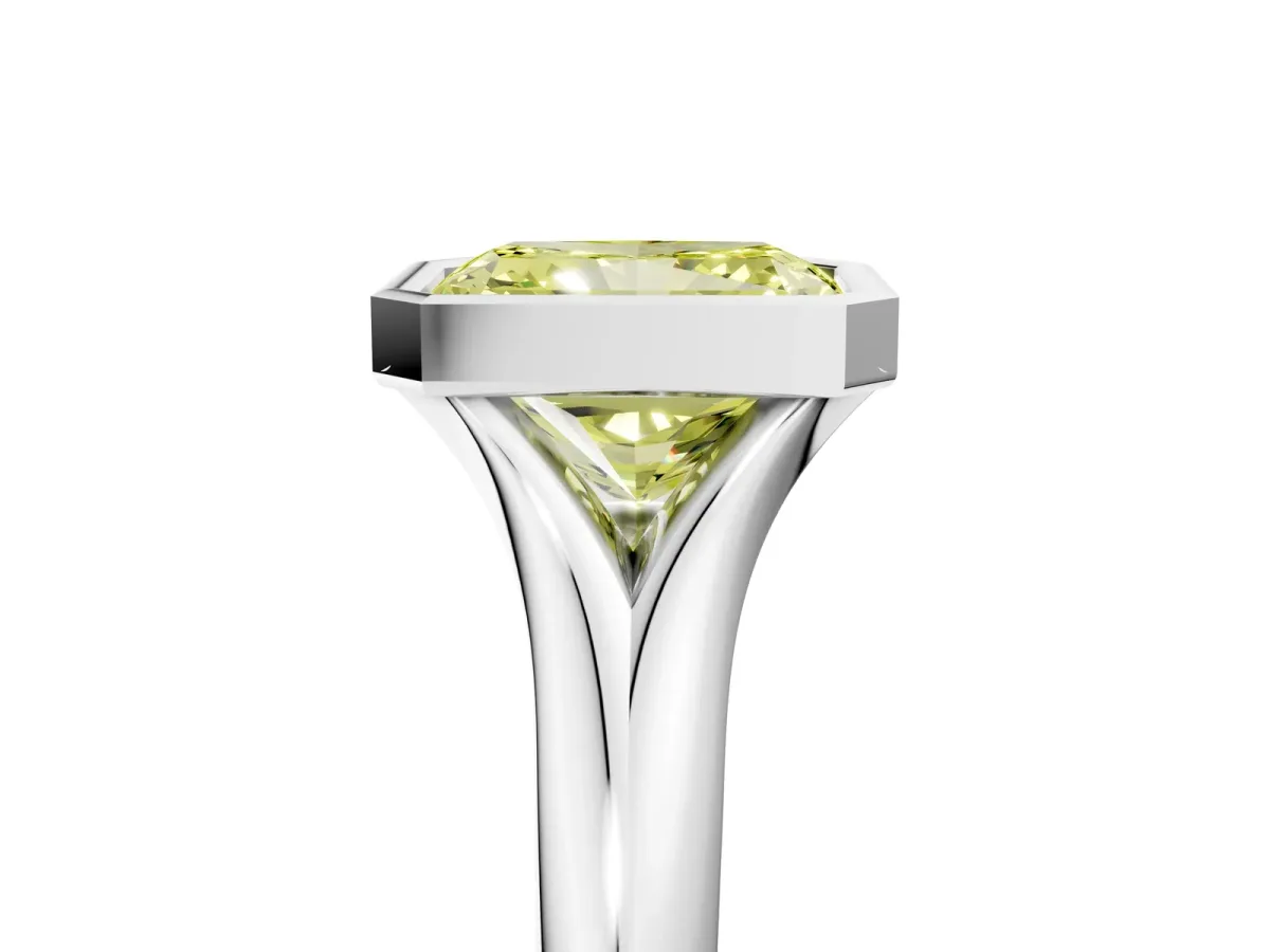 Fancy Yellow Bezel Set Radiant Cut Solitaire Diamond Ring with Smooth Band Platinum