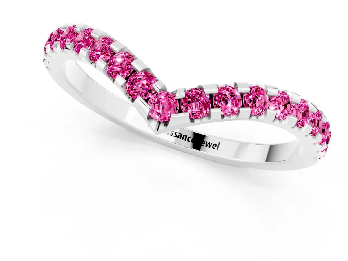Pavé Round Pink Sapphire Chevron Band with Shared Prong Setting Silver