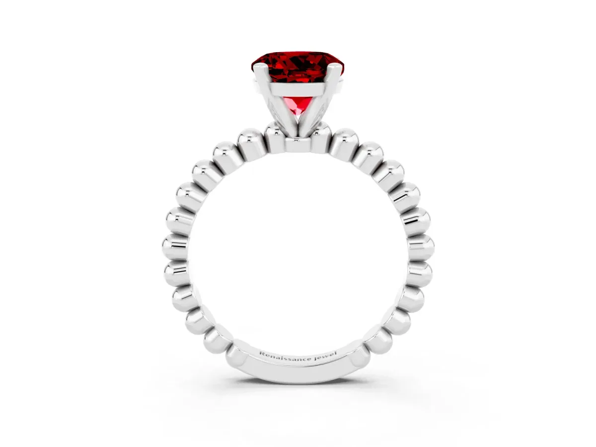 Round Cut Ruby Solitaire Ring with Beaded Band and Prong Setting Silver