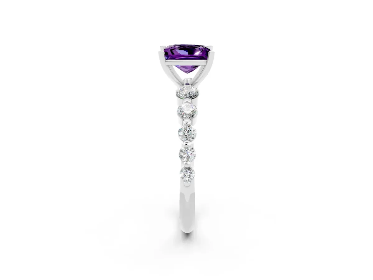 Princess Cut Solitaire Amethyst Ring with Pave Band and Four-Prong Setting Silver