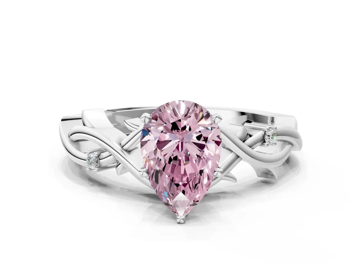 Fancy Pink Pear Cut Diamond Solitaire Ring with Twisted Band and Prong Setting Silver