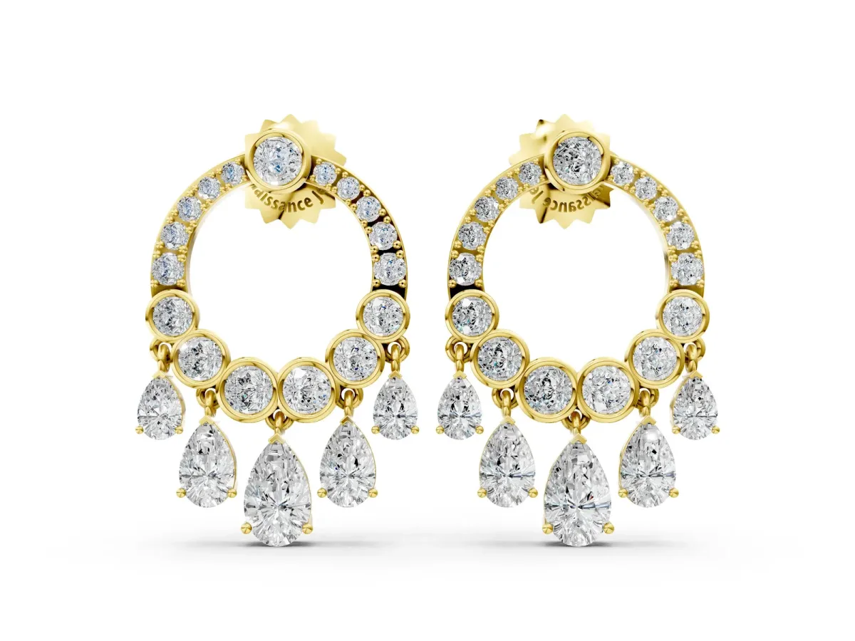 Round and Pear Diamond Dangle Earrings Yellow gold