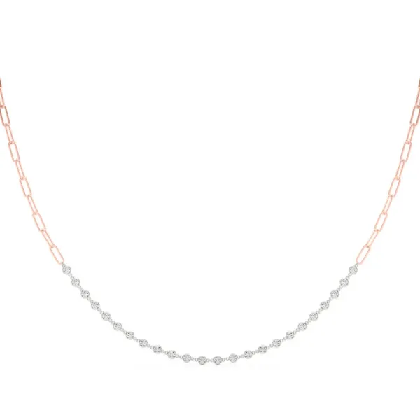Diamond Round Stone Paperclip Chain Necklace with Bezel Setting Rose gold