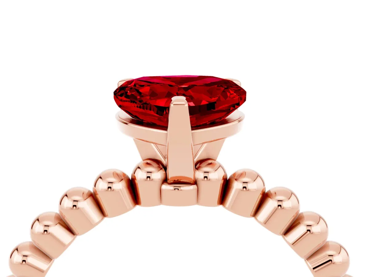 Heart Cut Ruby Solitaire Ring with Beaded Band and Prong Setting Rose gold