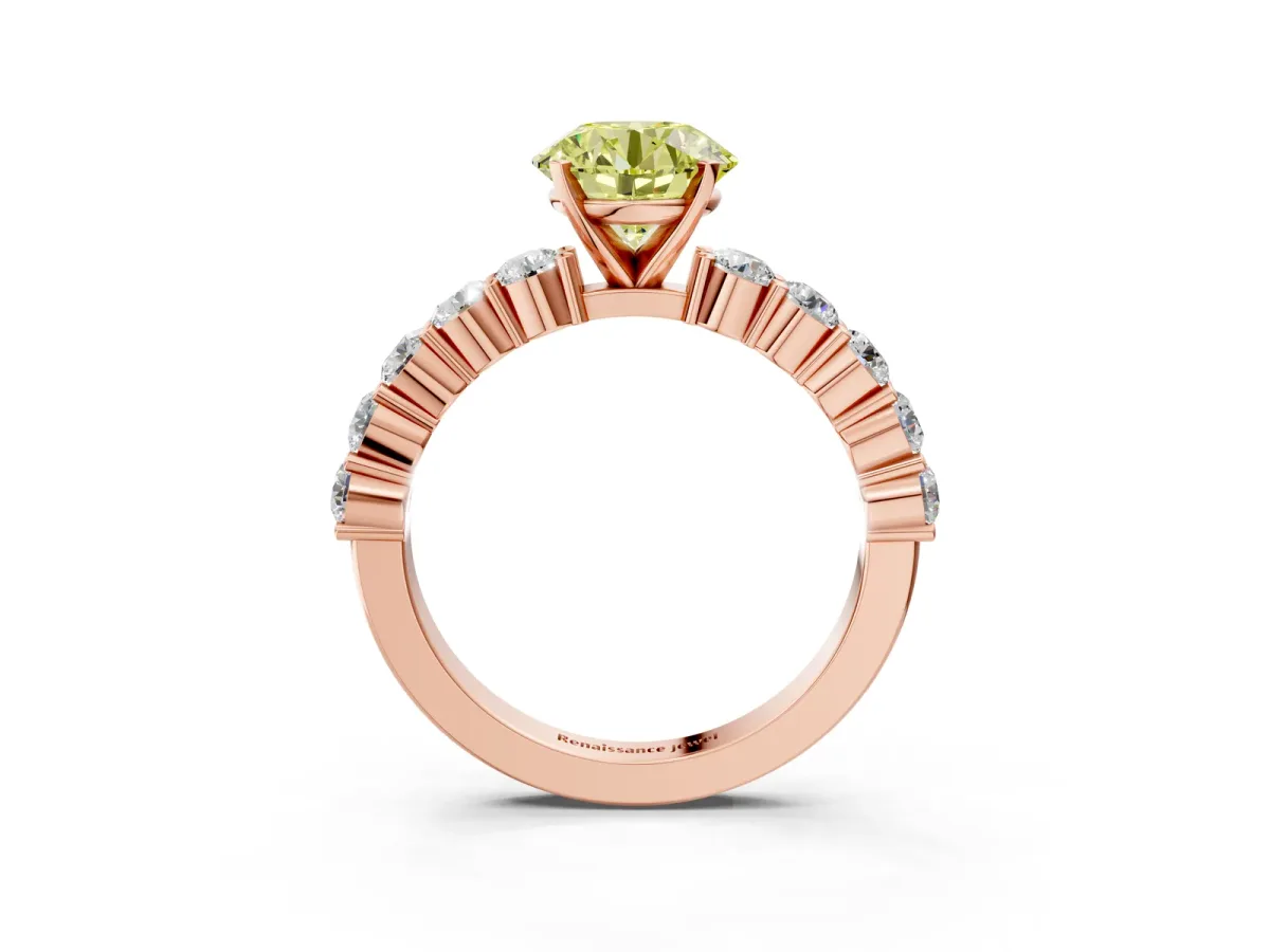 Fancy Yellow Round Cut Diamond Solitaire Ring with Shared Prong Round Side Stones Rose gold