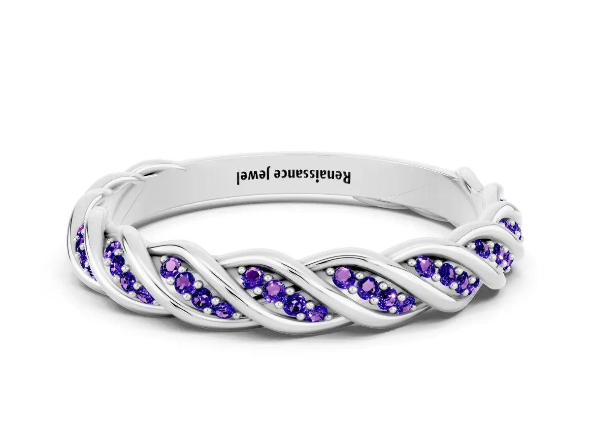 Twisted Pavé Round Tanzanite Eternity Band with Shared Prong Setting Platinum