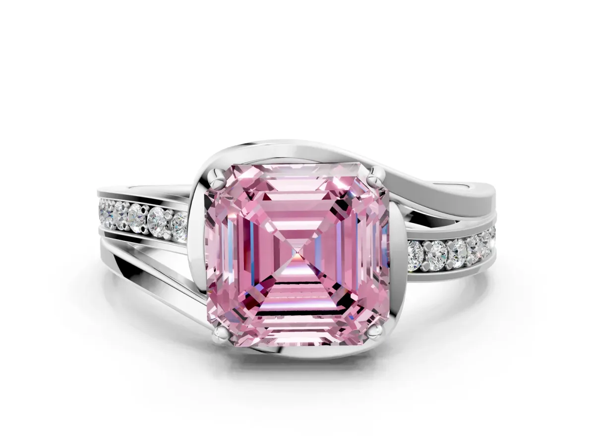 Fancy Pink Asscher Cut Diamond Solitaire Ring with Split Shank and Prong Setting Platinum