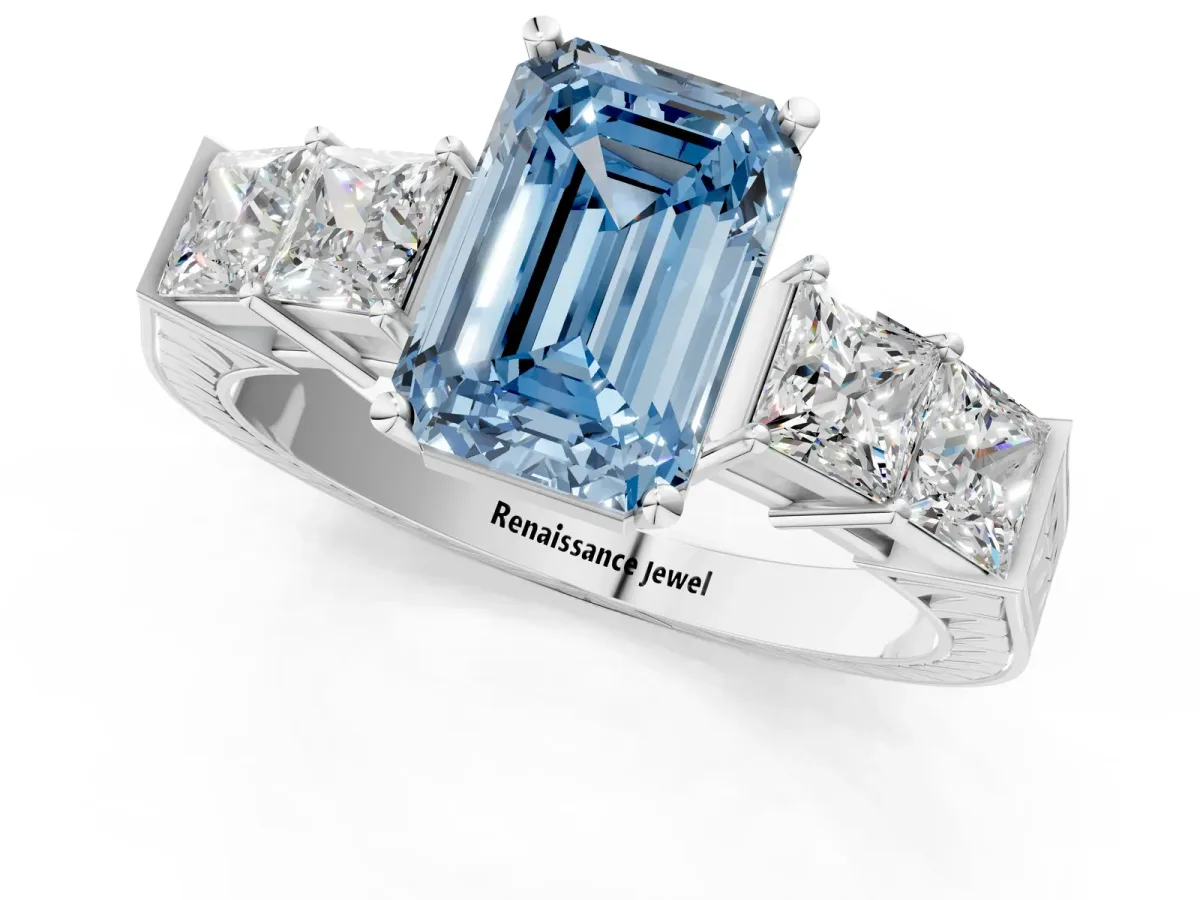 Fancy Blue Emerald Cut Solitaire Princess Side Stone Engraved Band Prong Setting Ring Silver