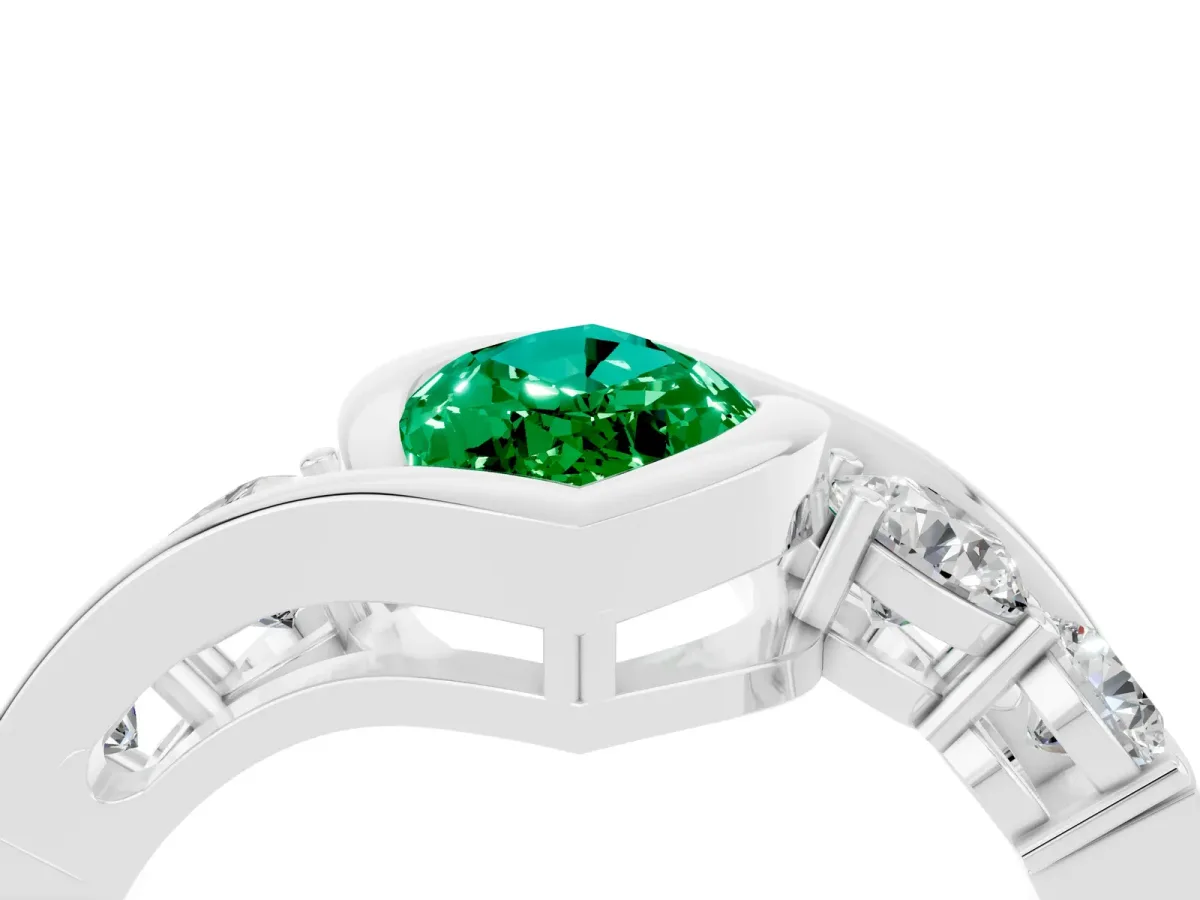 Bezel Set Marquise Cut Emerald Bypass Ring with Round Accents Silver