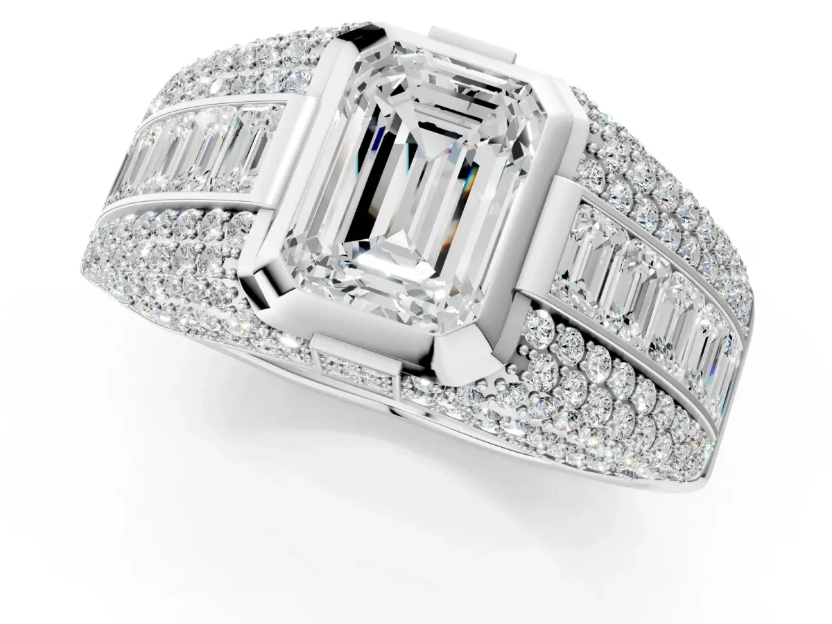 Emerald Cut Diamond Mens Ring with Side Stones Platinum