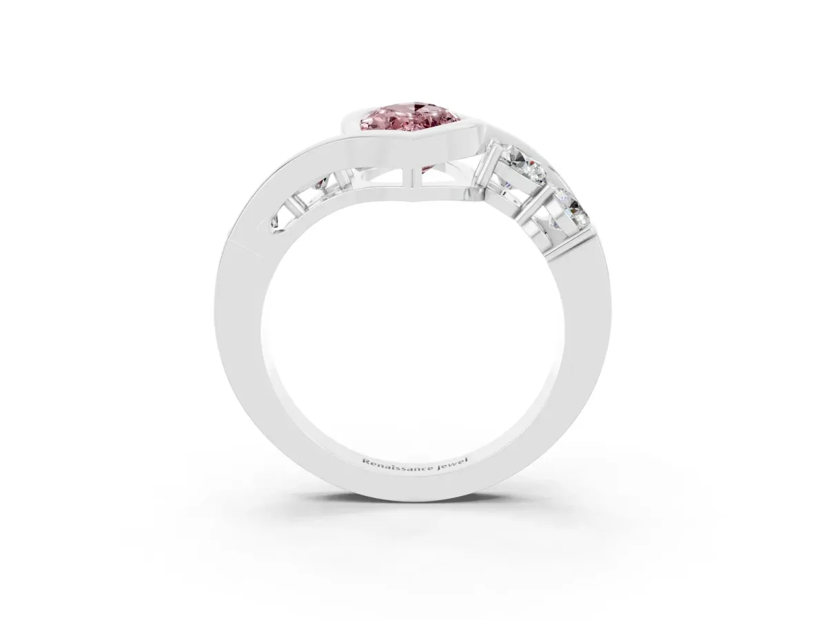 Bezel Set Marquise Cut Morganite Bypass Ring with Round Accents Silver