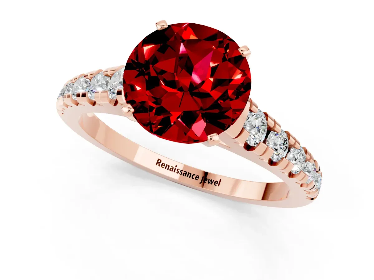 Round Cut Ruby Cathedral Solitaire Ring with Round Pavé Band Rose gold