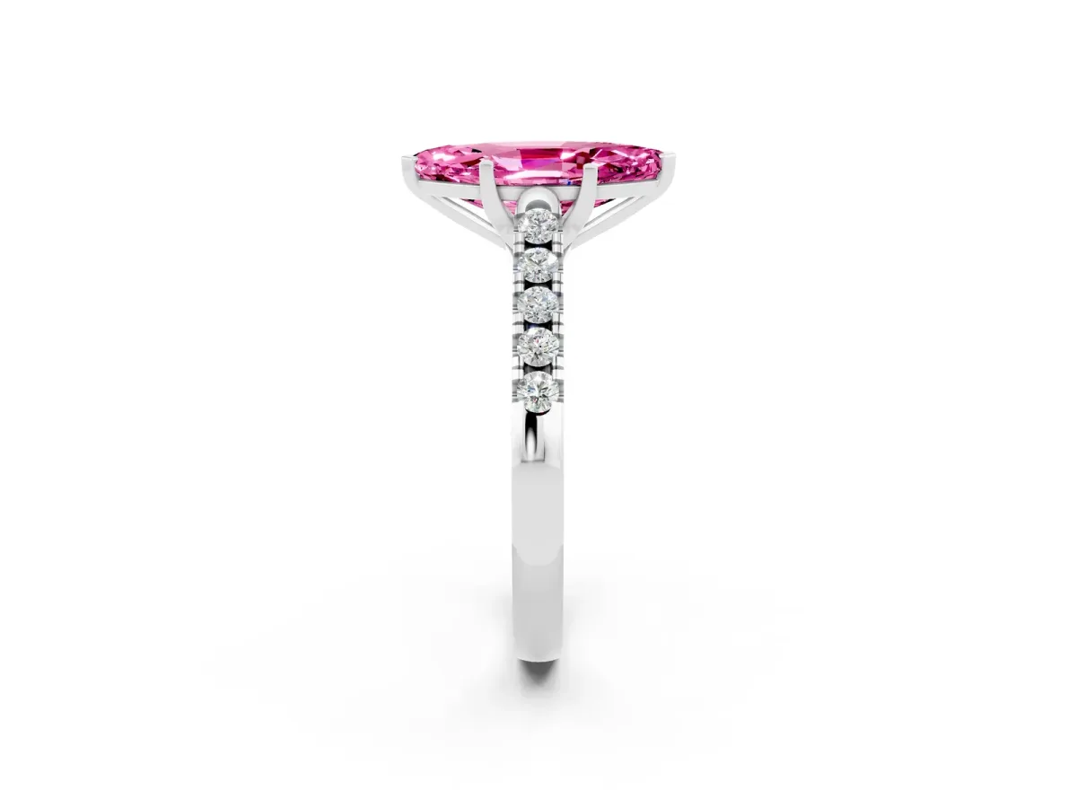 Marquise Cut Pink Sapphire Pavé Band Solitaire Ring with Prong Setting Silver