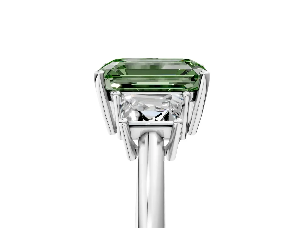Fancy Green Emerald Cut Diamond Three-Stone Ring with Trapezoid Side Stones and Prong Setting Silver