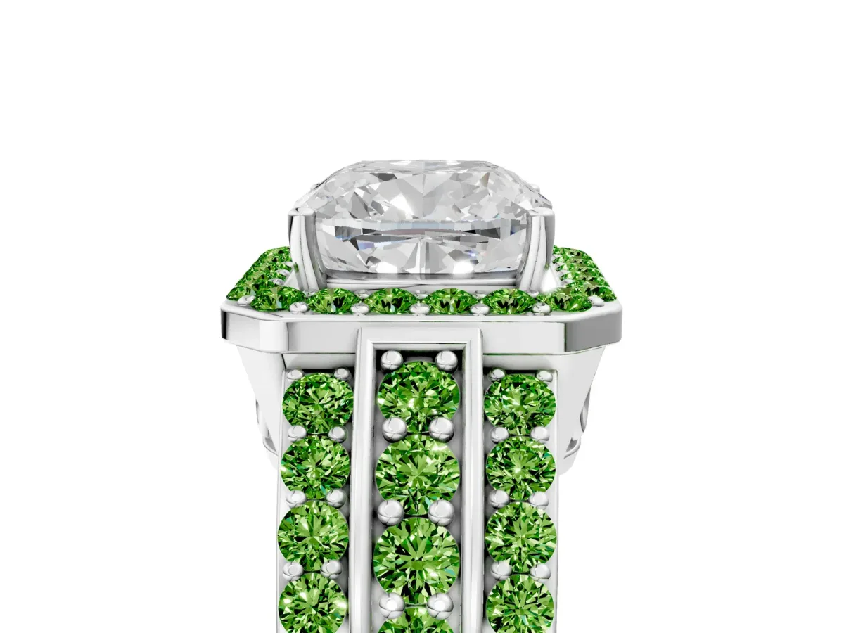 Cushion Cut Halo Diamond Ring with Round Peridot Split Shank and Prong Setting Platinum