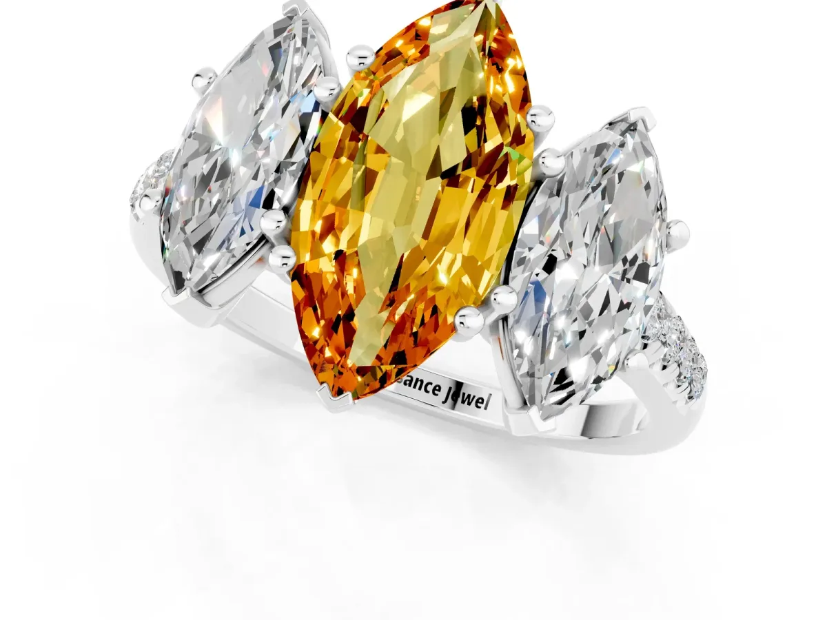 Three-Stone Marquise Cut Citrine Ring with Round Pavé Band and Prong Setting Silver