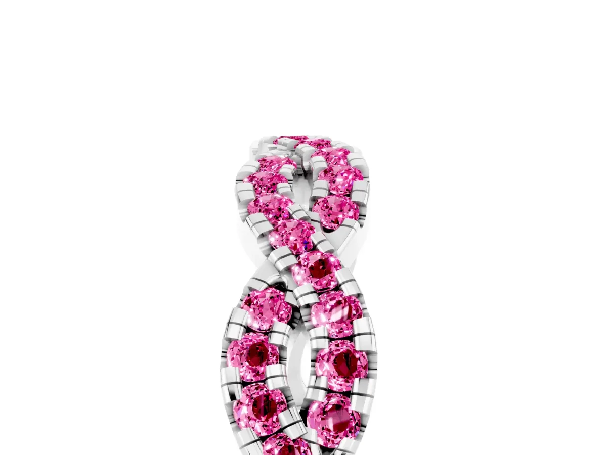 Round Pink Sapphire Twisted Eternity Band with Pavé and Shared Prong Setting Platinum