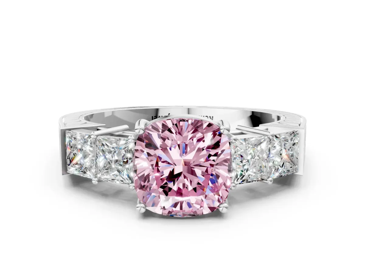 Fancy Pink Cushion Cut Solitaire Princess Side Stone Engraved Band Prong Setting Ring Platinum