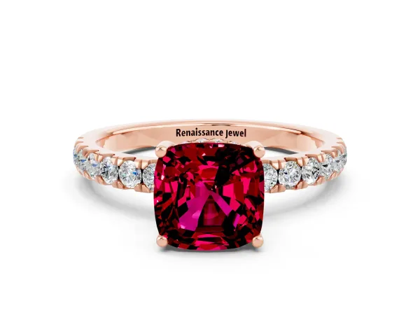 Cushion Cut Garnet Pave Band Solitaire Ring with Round and Prong Setting Rose gold