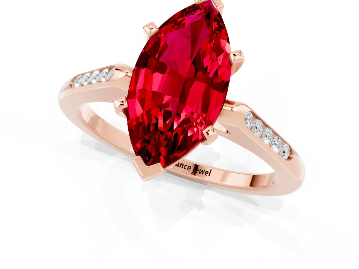 Marquise Cut Ruby Solitaire Ring with Channel Set Round Band and Prong Setting Rose gold