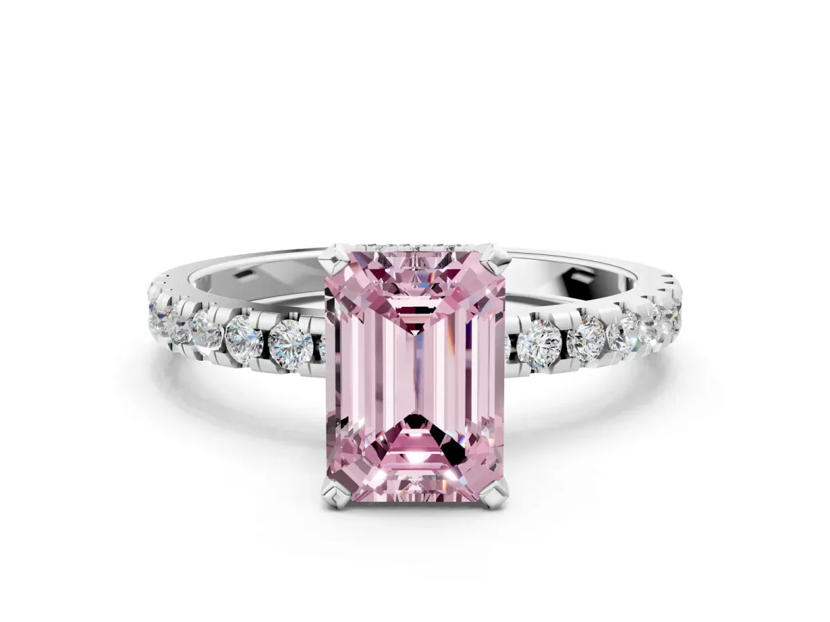 Fancy Pink Emerald Cut Diamond Solitaire Ring with Round Pavé Band and Four-Prong Setting Silver